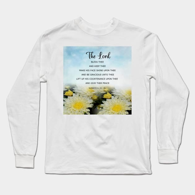 God's Blessing Prayer -  Numbers 6:24-26  Bible Verse - Blessing Scripture with White Flowers and Blue Sky Long Sleeve T-Shirt by Star58